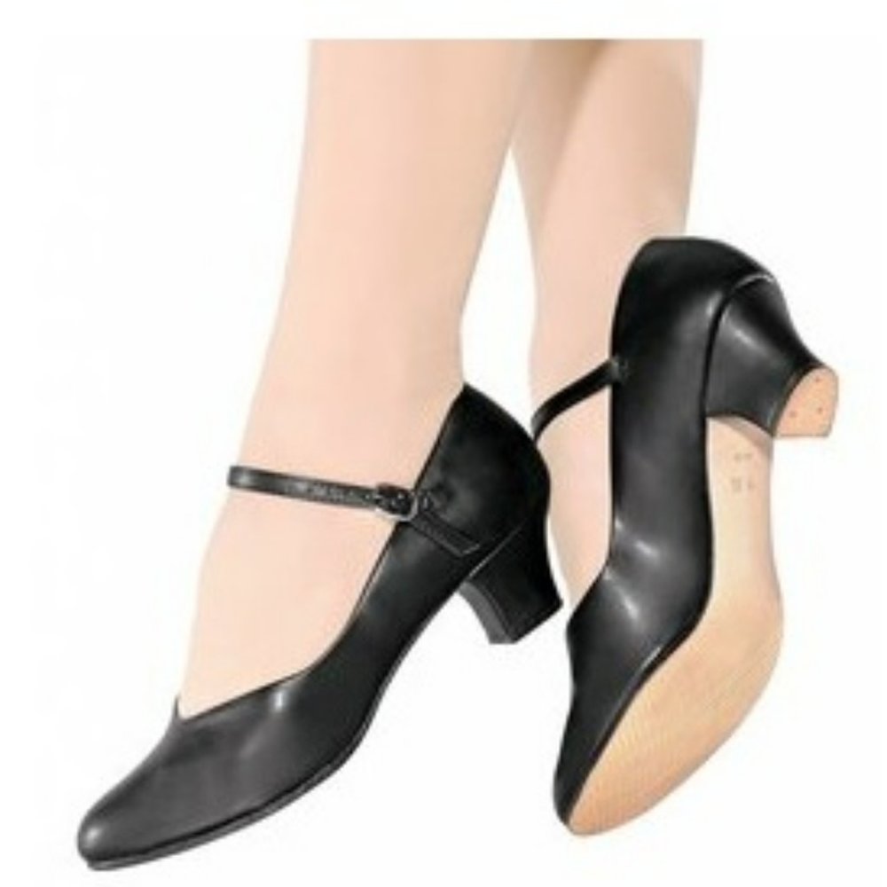 NEW Capezio Jr Footlight Character Leather Sole Dance Pump Heel Shoes Black 7N